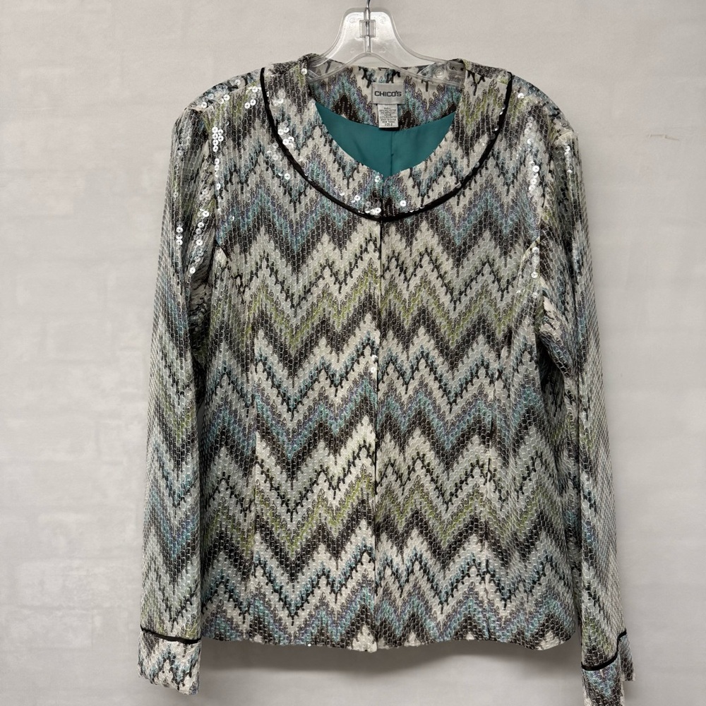 Chico’s Sequin Chevron Jacket Blazer Teal Lined Women’s Size 2 Large